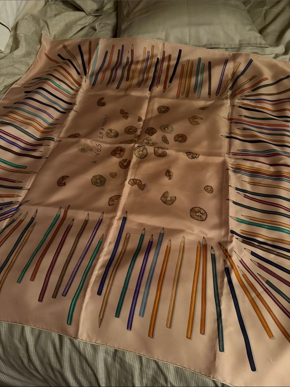 Hermes Pink Silk Scarf with Multicolor Pencil Motif